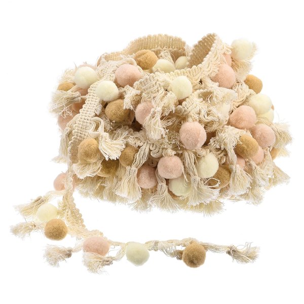 uxcell 2 Yards Pom Pom Ball Fringe Trim, Ribbon Sewing DIY Crafts Accessory for Home Curtain Clothes Pillow Decoration, Beige