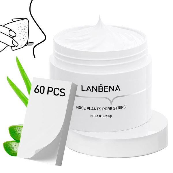 LANBENA Blackhead Remover Mask, Nose Plants Pore Strips, Pore Cleanser Purifying Peel off Face Mask with 60 PCS Strips, Plants Aloe Blackhead Remover Facial Mask, (1.05 Ounce)