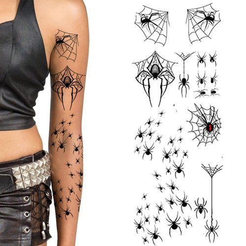 Tatodays Halloween temporary tattoos paper transfer sticker spider webs black widow gothic goth women men adults kids body art makeup cosplay festivals parties