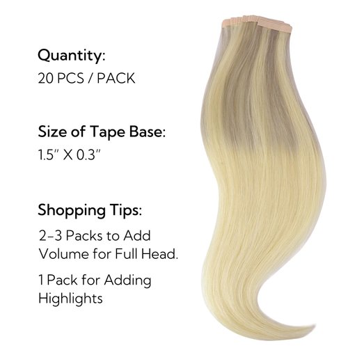 HOTBANANA Tape in Hair Extensions, 20 Inch Tape in Hair Extensions Human Hair 20pcs 50g Ombre Ash Blonde to Golden Blonde and Platinum Blonde Tape Hair Extensions Straight Remy Human Hair Extensions
