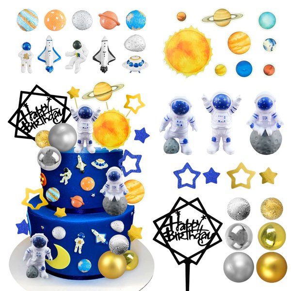 40PCS Astronaut Space Cake Toppers Outer Space Astronaut Figurine Meteorite Planet Rocket Stars and Gold Silver Ball Space Theme Cake Decorations for Baby Shower Kids Birthday Party Supplies