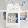 French Tips Press on Nails for Manicure Art with Flower Design, Glossy Gold Glitter Acrylic False Nails Gel Glue on Nails Blue Flower Short Almond Full Cover Fake Nails Stick on Nails for Women 30Pcs