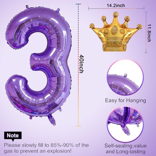 Purple 3 Balloon 40 Inch,Giant Number 3 Balloon & Mini Crown Balloon Set for Girl Boy 3rd Birthday Party Decorations,Purple Birthday Party Decorations Supplies Birthday Digital Balloon