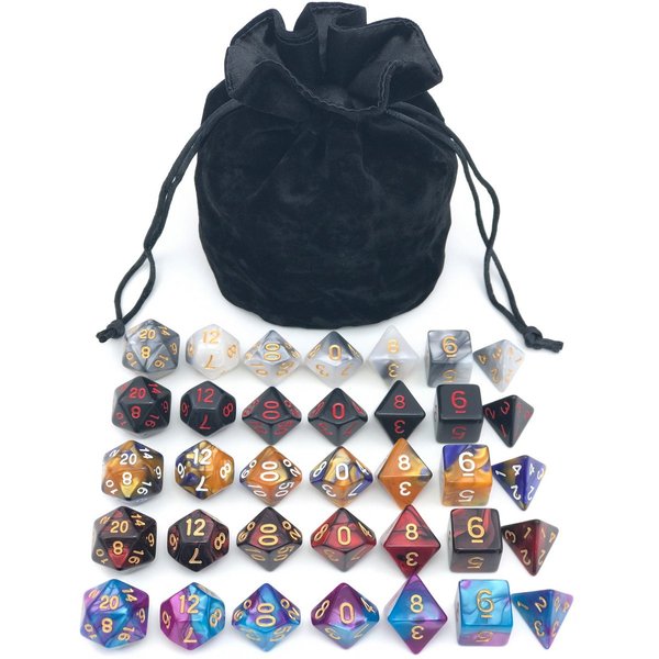 Assorted Polyhedral Dice Set with Black Drawstring Bag, 5 Complete Dice Sets of D4 D6 D8 D10 D% D12 D20 Great for Dungeons and Dragons DND RPG MTG Games