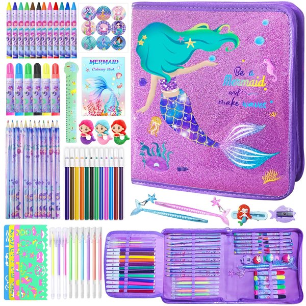 CORALMEE Mermaid Markers Set for Kids, 66 Pcs Drawing Art Supplies with Pencil Case, Markers, Crayons, Gel Pens, Stencils, Ruler, Birthday Gifts for Girls 4-9 Years Old, Ideal for Creative Fun