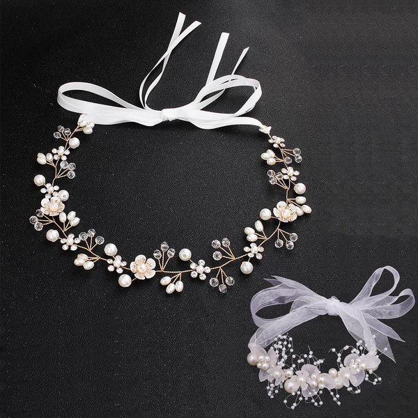 Delphinus Wedding Hair Accessories and Bracelets, Flower Girl Hair Accessory and Bracelets White Floral Headband Pearl Girl Bride Wedding Headband