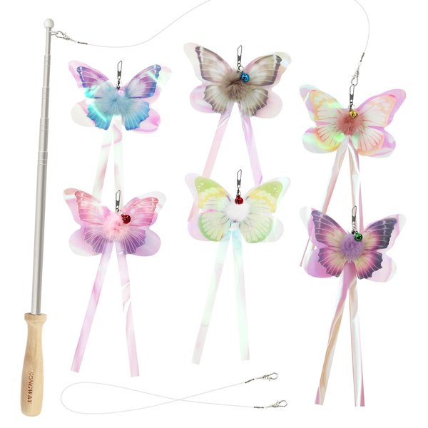 SONGWAY Cat Butterfly Toys Wand - 7 Pieces Cat Toy Set, Retractable Cat Wand with 6 Butterfly Cat Toys Replacement with Bells, Interactive Cat Toys for Indoor Cats Kittens