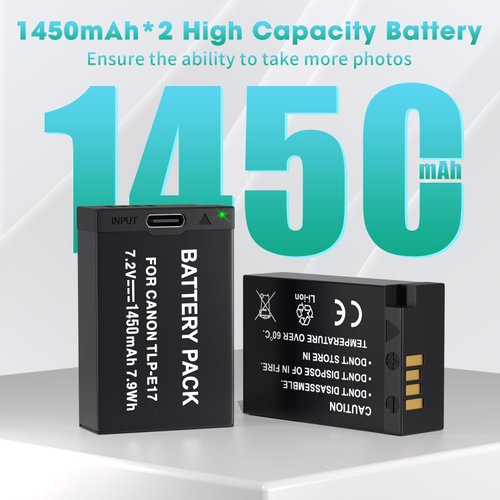 LP LP-E17 Battery 2-Pack 1450mah USB-C Charging Port Battery for Canon EOS R50 RP R10 R8, Rebel T8i, T7i, T6i, T6s, SL2, SL3, EOS M3, M5, M6, EOS 200D,77D,750D,760D,800D,8000D Digital SLR Camera