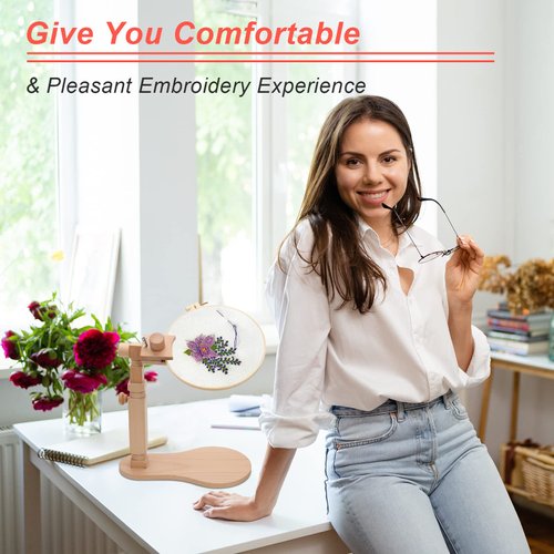 Catcan Embroidery Hoop Stand with 2 PCS 7'' 5'' Embroidery Hoops, Adjustable Rotated Wooden Cross Stitch Hoop Stand, Hands Free Embroidery Hoop Holder for Arts Crafts Sewing Embroidery Project