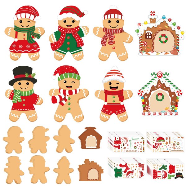 COCHIE 48Pcs DIY Christmas Craft Kits for Kids, Christmas Gingerbread Man Craft Art Kit, Make Your Own Christmas Craft Xmas Party Decor DIY Gingerbread House Cutouts for Holiday Handcraft Supplies