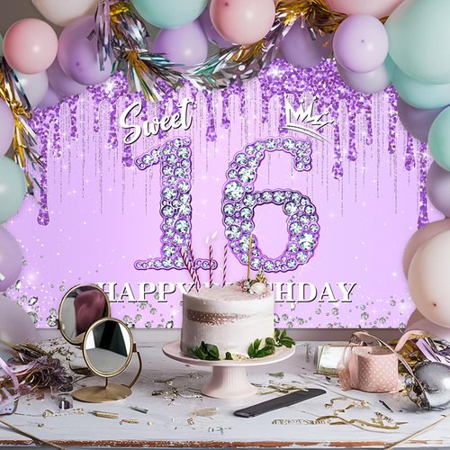 Avezano Sweet 16 Birthday Banner Glitter Purple Diamonds Sweet 16 Party Decorations Sweet 16 Backdrop for Girls' Sweet 16 Birthday Sweet Sixteen Party Supplies 70.8 x 43.3 Inch