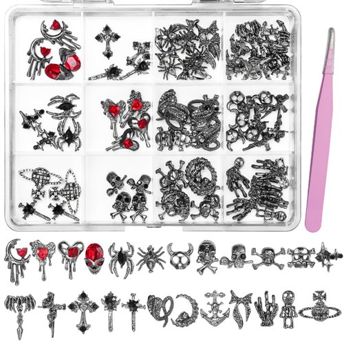 84 Pcs 3D Black Halloween Nail Charms and Gems, Multi Shapes Black Spider Snake Skull Hand Skull Cross Gems Design Vintage Gothic Halloween Nail Jewelry for Halloween Holiday Nail Art DIY
