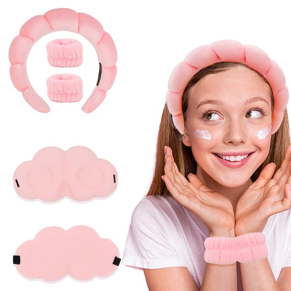 Semato Spa Headband and Wristband Set for Washing Face with Eye Mask Bubble Headband Sponge Makeup Headband Wrist Towels Bubble Soft Skin Care Hairband for Women Girl (pink)