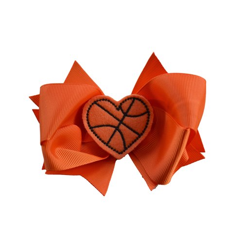 Girls Sports 4.5 Inch Hair Bow with Embroidered Heart Appliqué by Funny Girl Designs (Orange Basketball)