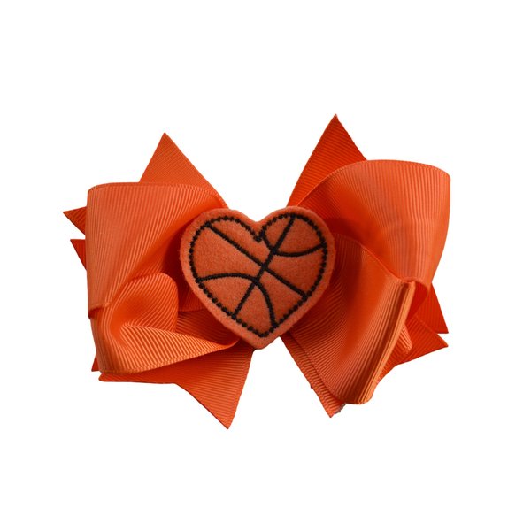 Girls Sports 4.5 Inch Hair Bow with Embroidered Heart Appliqué by Funny Girl Designs (Orange Basketball)