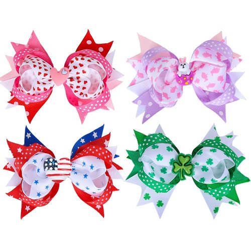 Whaline 4Pcs Valentine's Day Hair Bow Ribbon Clips St. Patrick's Day Easter 4th of July Independence Day Hair Bow Alligator Clips Seasonal Hair grips Hair Barrettes Hair Pins Accessories for Girls