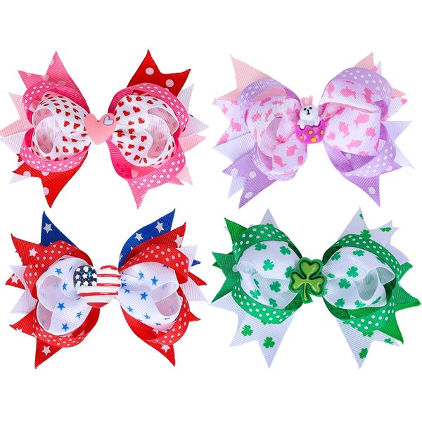 Whaline 4Pcs Valentine's Day Hair Bow Ribbon Clips St. Patrick's Day Easter 4th of July Independence Day Hair Bow Alligator Clips Seasonal Hair grips Hair Barrettes Hair Pins Accessories for Girls