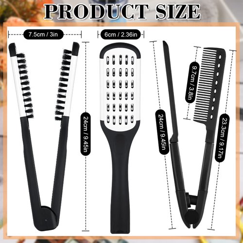Chengu 2 Pcs Straightening Comb For Hair, Boar Bristles Clamp Double Sided Brush Hair Straightening Brushes Comb Flat Iron Comb Hair Styling for Straightening Knotty Unkempt Hair (Black White, Black)