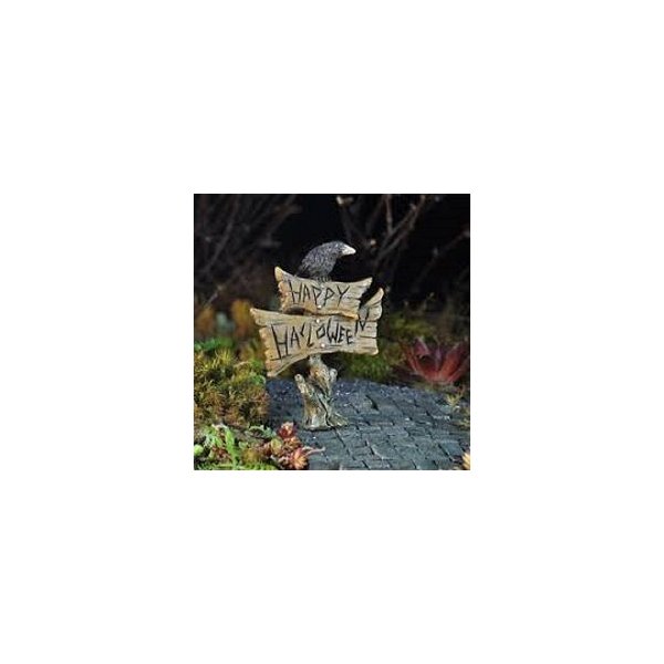 The Fiddlehead Fairy Garden Crow ATOP Happy Halloween Sign Miniature Fairy Garden Accessory #17010