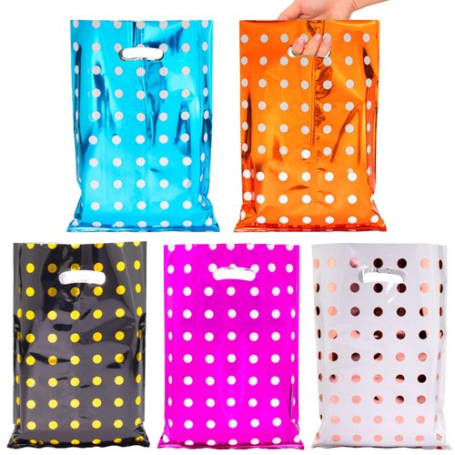 HAPMARS 50pc Party Favor Bags for Kids, Goodie Candy Bags with Handles for birthday party, Colorful birthday party bags for Kids Baby Girls & Boys (Dots)