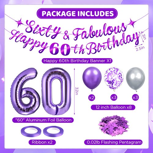 Purple 60th Birthday Decorations Purple Silver Sixty & Fabulous Happy 60th Birthday Banner Latex Balloons Number 60 Foil Balloon Table Confetti Decor for Women 60th Birthday Anniversary Party Supplies