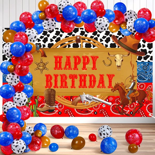 54Pcs Western Cowboy Birthday Party Decorations, Cowboy Happy Birthday Banner Backdrop Wild Western Cowboy Theme Balloons Arch Bandana Balloons Cowboy Birthday Party Supplies for Boys Girls Men Women