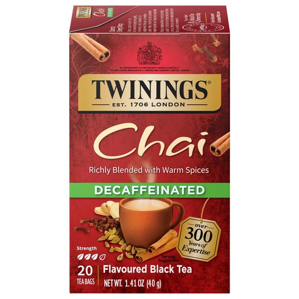Twinings Decaffeinated Chai Individually Wrapped Black Tea Bags, 20 Count (Pack of 6), Sweet, Savoury Spices