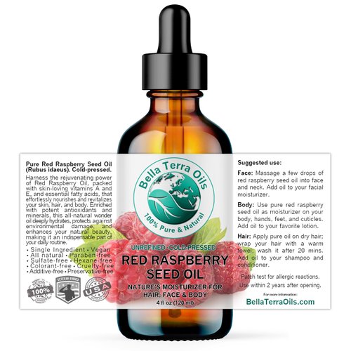 Bella Terra Oils - Red Raspberry Seed Oil 4 oz - Packed with Ellagic Acid & Vitamin A, Embrace the Nutrient-Rich Essence of Raspberry Seed for Skin