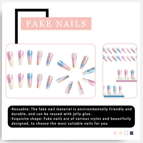 Extra Long Press on Nails Coffin Fake Nails Full Cover False Nails with Colorful Sequins Designs Acrylic Stick on Nails Rhinestones Matte with Glue on Nails for Women 24Pcs