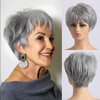 LEOSA Silver Ombre Gray Layered Bob Wigs Pixie Cut wig for Women Short Grey Straight Pixie Cut Wigs Gray Highlight Gray Hair Wigs Shaggy Wig Natural Looking Daily Use