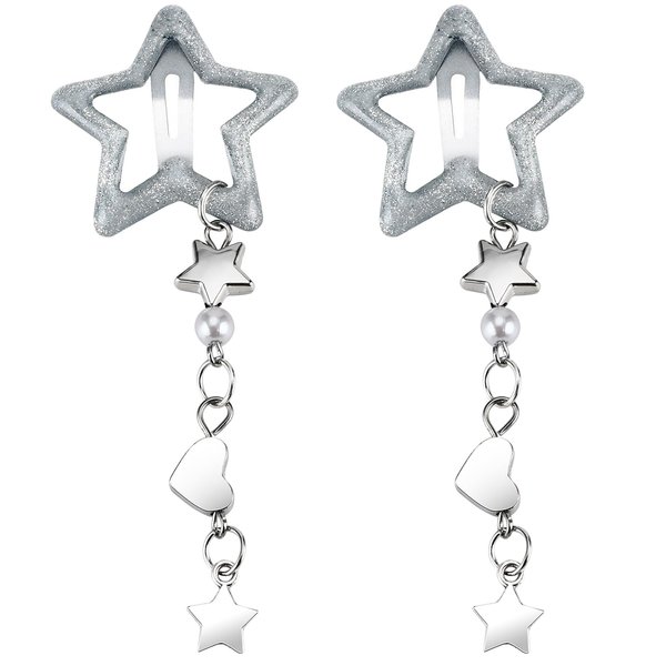 TUCEWP Star Hair Clips 2Pcs Silver Metal Snap Hair Barrettes Y2K Dangle Star Hair Pins for Thick Hair Cute Non Slip Heart Pearl Bead Charm Star Hairpins Y2K 2000s Hair Accessories for Girls Women