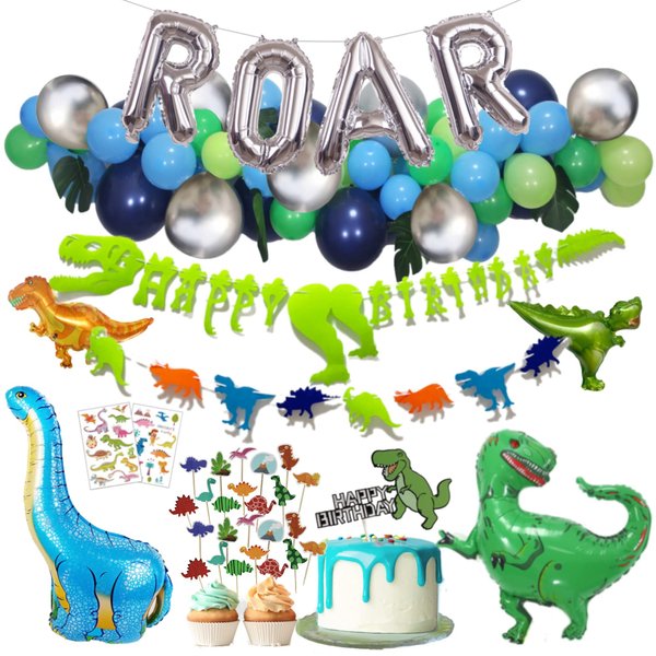 Dinosaur Party Supplies – Little Dino Party Decorations Set, 30" BIG T Rex, Cake Topper, Tattoo Stickers, Silver ROAR, Happy Birthday Banner, Jungle Theme Balloon Garland