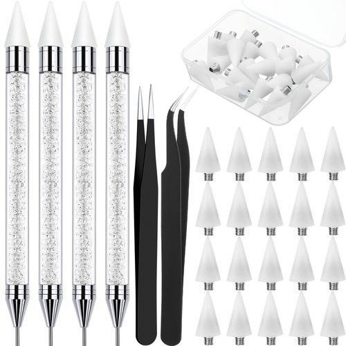 Tatuo 4 Pcs Dual-ended Rhinestone Picker Tool Handle Rhinestones Applicator with 20 Replacement Wax Tips Wax Pencils Painting Dotting Pens with 2 Tweezers for DIY Nail Art Crafts Gems (White, Black)