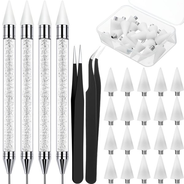 Tatuo 4 Pcs Dual-ended Rhinestone Picker Tool Handle Rhinestones Applicator with 20 Replacement Wax Tips Wax Pencils Painting Dotting Pens with 2 Tweezers for DIY Nail Art Crafts Gems (White, Black)