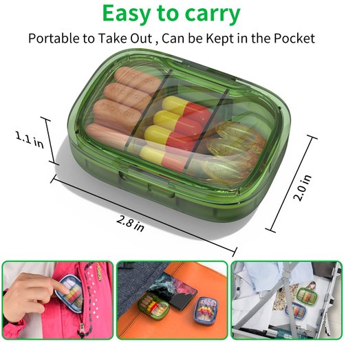 2 Pack 3 Compartment Small Pill Box, Moisture Proof Pill Case, Travel Pill Organizer for Pocket Purse, Daily Portable Medicine Vitamin Box, Fish Oil Box, Supplement Box