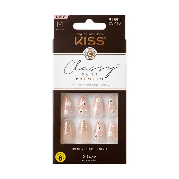KISS Classy Nails Premium, Press-On Nails, Nail glue included, Gleamin', White, Medium Size, Almond Shape, Includes 30 Nails, 2G Glue, 1 Manicure Stick, 1 Mini File