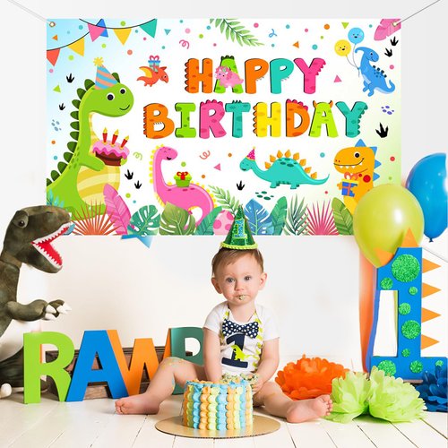 Mocsicka Dinosaur Birthday Banner for Kids Watercolor Dinosaur Backdrop for Birthday Party Boys Cartoon Dino Themed Birthday Party Decorations Supplies 70.8 x 43.3 Inch