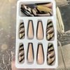 Press on Nails Long Glossy Artificial Coffin Fake Nails with Black Gold Foil Designs Full Cover Reusable False Nails Black French Tips Acrylic Stick on Nails for Women DIY Manicure Tips Decorations