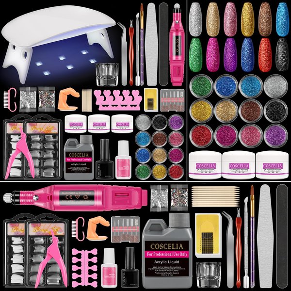 Acrylic Nail Kit for Beginners with Everything Acrylic Nail Set with Drill and U V Light Professional Nails Kit Acrylic Set with Everything for Beginners Acrylic Powder Glitter Decoration Powder Nail Art Starter Kit Gift for Women
