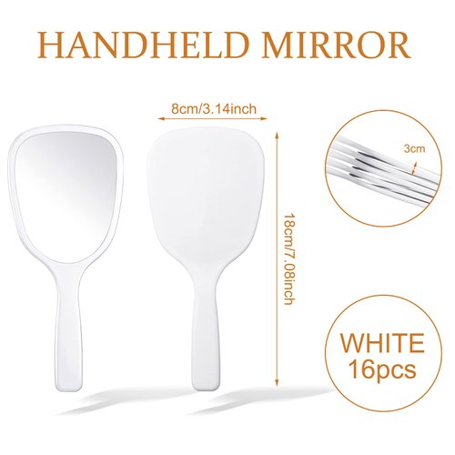 16 Pieces Hand Handheld Mirror with Handle Plastic Travel Makeup Handheld Cosmetic Mirror, Portable Vanity Mirror for Travel, Camping, Home, 3.15 Inch Wide, 7.09 Inch Long (White)