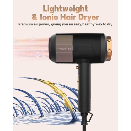 WIZCHARK Hair Dryer with Diffuser, Ceramic Ionic Blow Dryer for Women Curly Hair, Lightweight Compact Professional Salon Hairdryer with Diffuser Attachment, Cool Air Button 2 Speeds/Heats, Black