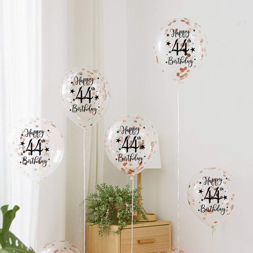 Rose Gold 44th Confetti Latex Balloons, Woman Happy 44 Years Birthday Party Balloon Decoration With Confetti, 12in, 16 Pack