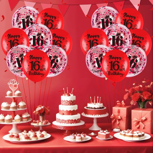 Red 16th Birthday Balloons for Boys Girls, 18Pcs Red Happy 16th Birthday Decorations Balloons 16th Birthday Latex Balloons Confetti Balloons for 16 Years Old Birthday Anniversary Party Supplies Decor