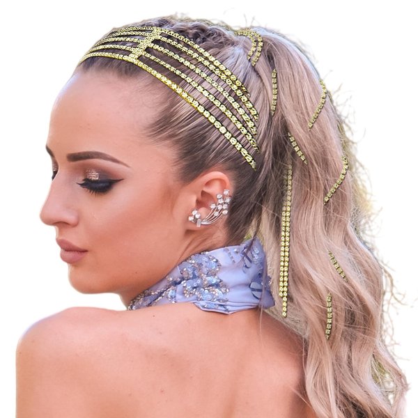 4 Pieces Multi-Layer Rhinestone Hair Chain Head Chains Set, Sparkly Crystal Tassel Headband, 20 Inch Hair Extension Long Chains Bling Braid Decoration Headwear Prom Bridal Accessories Gold