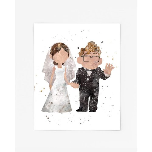 Carl and Ellie Wedding Married Prints, UP Watercolor, Nursery Wall Poster, Holiday Gift, Kids and Children Artworks, Digital Illustration Art Couple