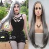 xiweiya Grey Wig Long Ash Grey Wig Nature Wave Hair Middle Part Synthetic Lace Front Wigs For Women 24 inch
