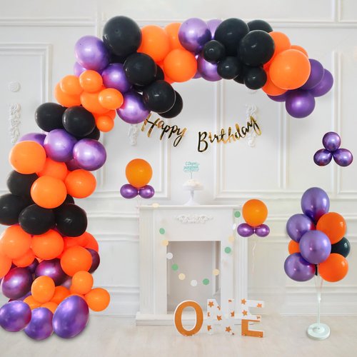 Party Balloons,195 pcs Thickened balloons 12 Inch 10 inch 5 inch Latex Balloons, Purple Black Orange Party Balloons Garland or Balloon Arch for Birthday Baby Shower Wedding Party Decorations
