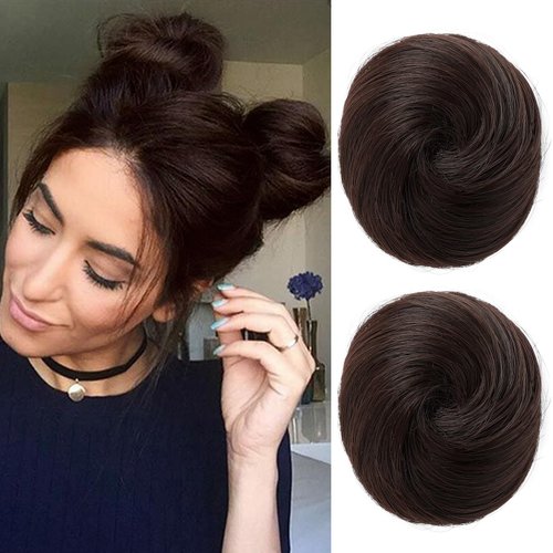 REECHO 2 PCS Mini Claw Clip in Messy & Cat Ears Hair Bun Extensions HB001 Wig Accessory Updo Hairpieces for Women Girls (Pack of 2-3" Straight, Dark Brown)