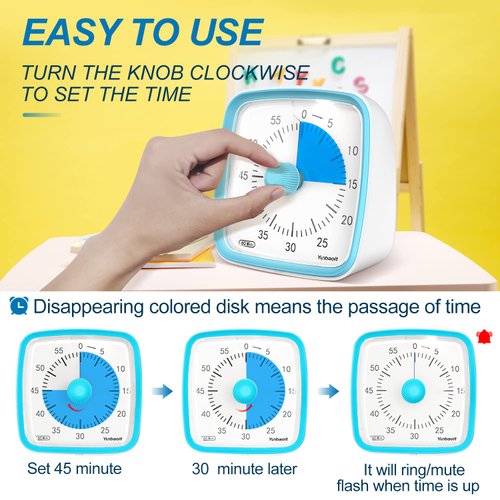 Yunbaoit Visual Timer with Night Light, 60-Minute Countdown Timer for Kids and Adults, Silent Classroom Timer, Time Management Tool for Home, School, or Work (Light Blue)