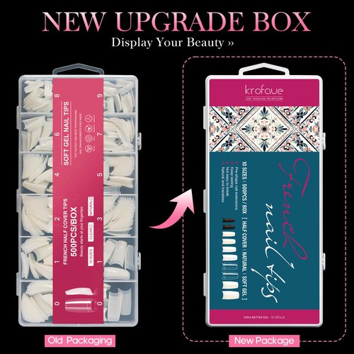 500PCS Half Cover False Nails Tips - Acrylic Nail Tips, krofaue 10 Sizes Lady French Style Acrylic Artificial Tip Manicure with Box for Nail Tips Art Salons and Home DIY